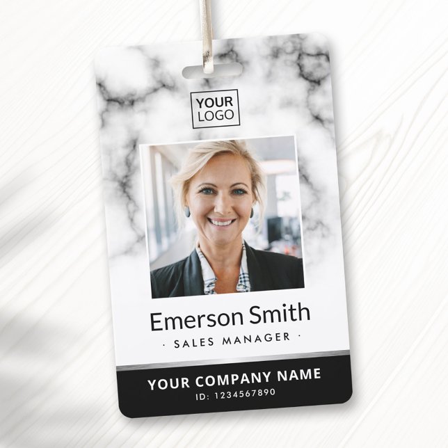 Photo logo white marble black modern employee ID badge (Photo logo white marble black modern employee badge)