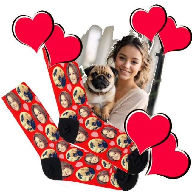 Photo Love Socks Walk in Memories (Photo headshot  and pink hearts on red background socks.)