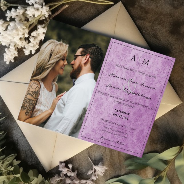 Photo Magenta Damask Monogram Wedding Invitation (Magenta Photo Damask Monogram Wedding Invitation)