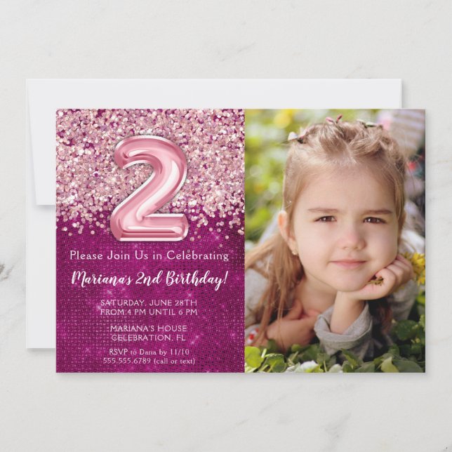 Photo Magenta Pink Glitter 2nd Birthday Invitation (Front)