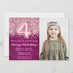 Photo Magenta Pink Glitter 4th Birthday Invitation