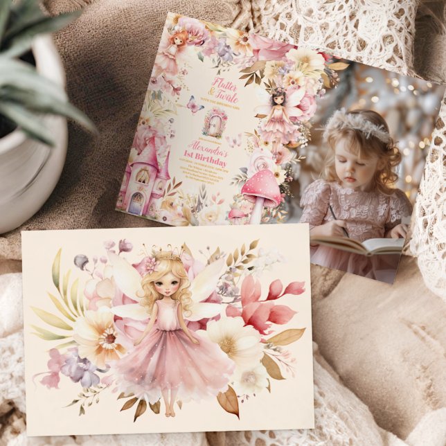 Photo Magical Fairy Floral Garden 1st Birthday Invitation (Creator Uploaded)