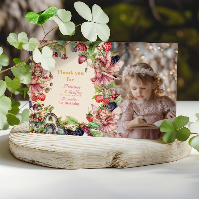 Photo Magical Fairy Floral Garden 1st Birthday Thank You Card (Creator Uploaded)
