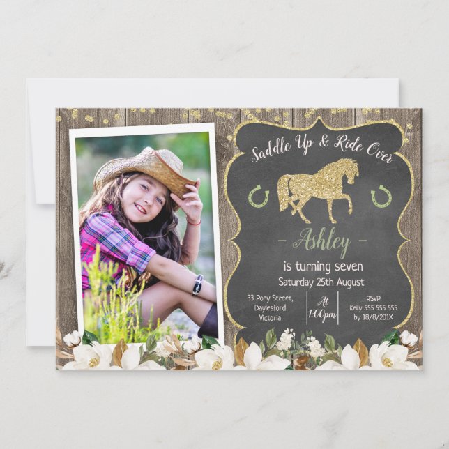 Photo Magnolia Floral Glitter Horse Birthday Invit Invitation (Front)