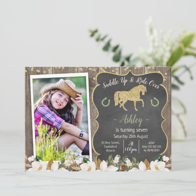 Photo Magnolia Floral Glitter Horse Birthday Invitation (Standing Front)