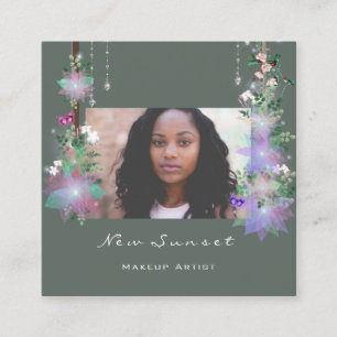 Photo Makeup Artist Eyelash Green Brows Florals Square Business Card