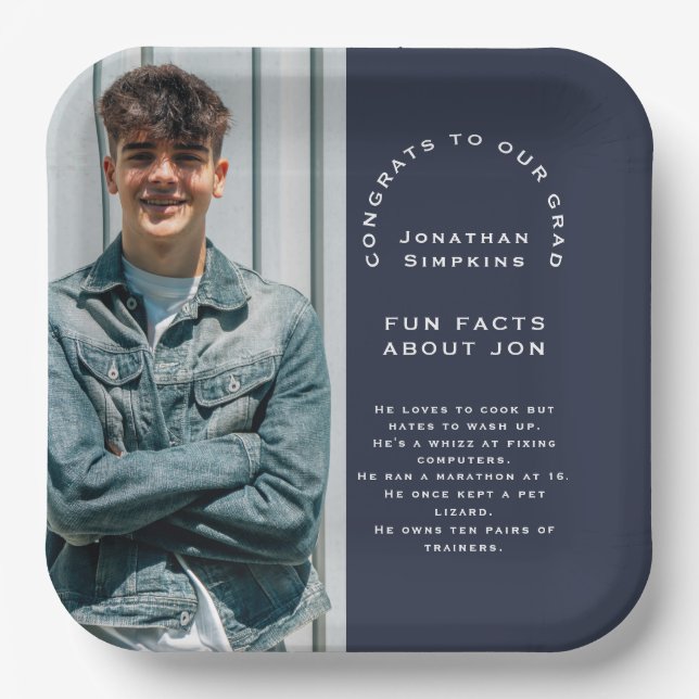 Photo Male Congrats Grad 2025 Party Navy Fun Facts Paper Plate (Front)