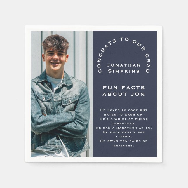 Photo Male Graduation 2025 Party Navy Fun Facts Napkin (Front)