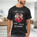 Photo man myth legend name fun black T-Shirt<br><div class="desc">For a black/dark coloured t-shirt. Personalise and add your own photo of the man.  Personalise and add a name. Text: The Man,  The Myth,  The Legend. Photo frame as a brush stroke</div>