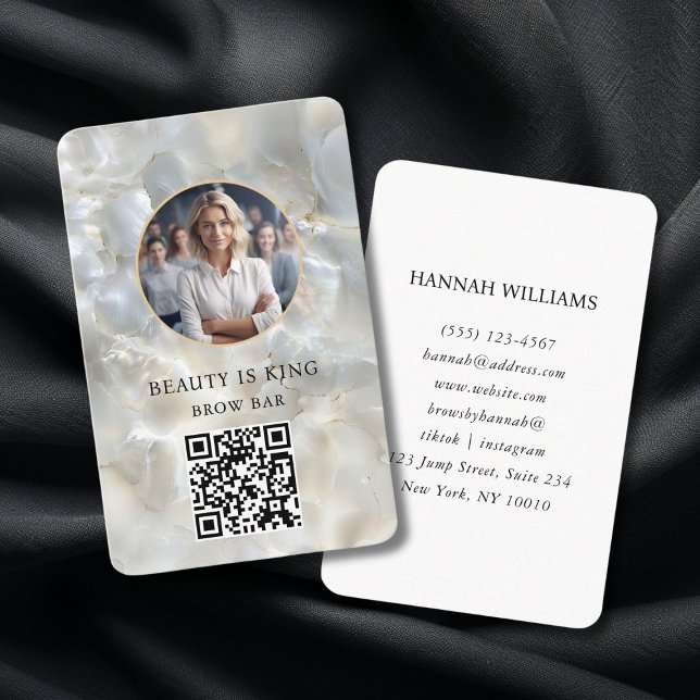  Photo, Marble, White-Silver, Salon, QR-Code Business Card (Photo, Marble, White-Silver, Salon, QR-Code Business Card)
