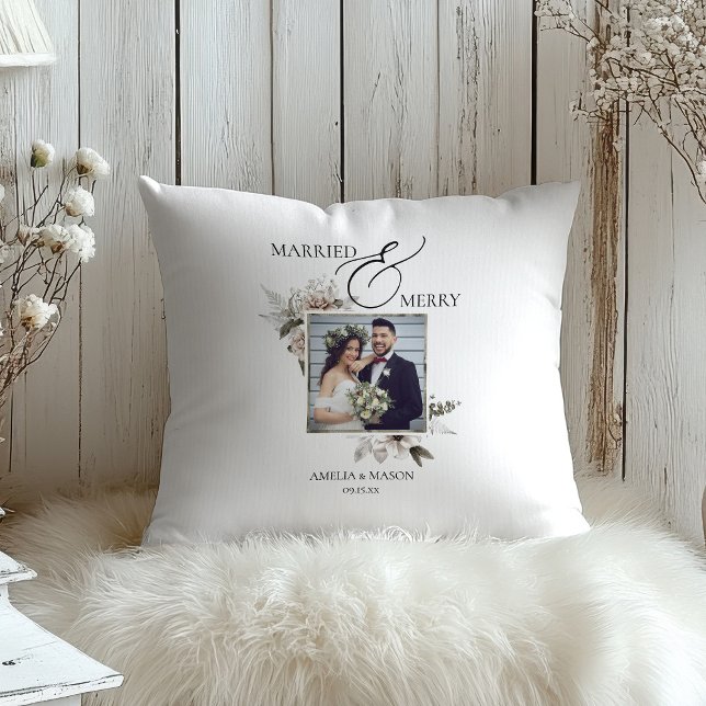 Photo Married & Merry Floral Watercolor Christmas  Cushion (Photo Married & Merry Floral Watercolor First Christmas Together Throw Pillow)