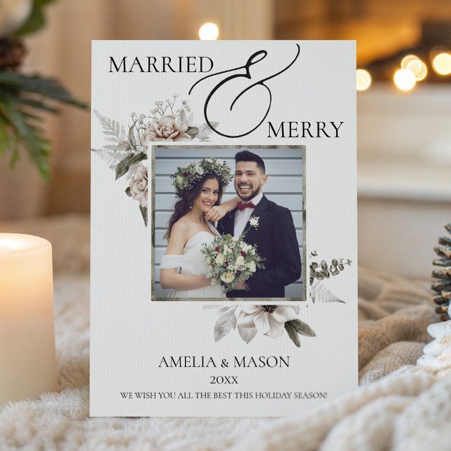 Photo Married & Merry Watercolor Christmas Card (Photo Married & Merry Floral Watercolor Christmas Card for Your First Christmas as a Married Couple!)