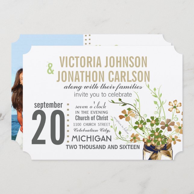 Photo Mason Jar Bronze and Green Floral Wedding Invitation (Front/Back)