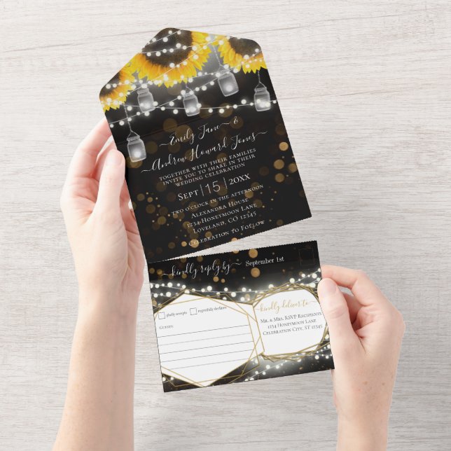 Photo Mason Jar Sunflower Black & Gold Wedding All In One Invitation (Tearaway)