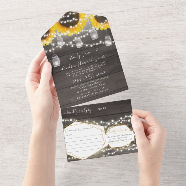 Photo Mason Jar Sunflower Geometric Gold Frame All In One Invitation (Tearaway)