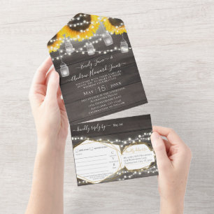 Photo Mason Jar Sunflower Geometric Gold Frame All In One Invitation