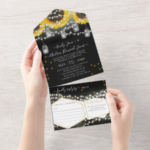 Photo Mason Jar Sunflower Gold Stars Wedding All In One Invitation