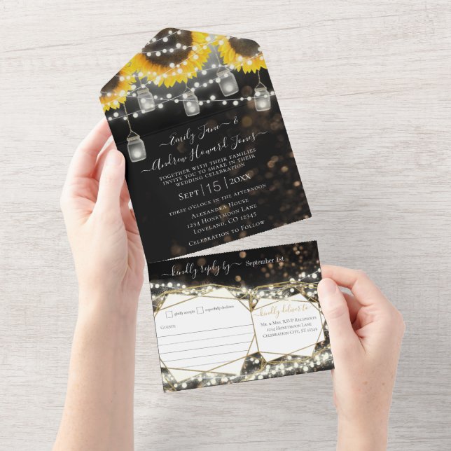 Photo Mason Jar Sunflower Yellow & Gold Wedding All In One Invitation (Tearaway)