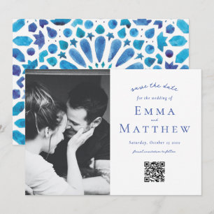 Photo Mediterranean Blue Tile Pattern QR Save The Date