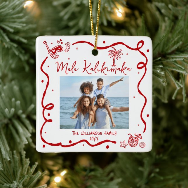 Photo Mele Kalikimaka Red Hand Drawn Christmas Fun Ceramic Ornament (Tree)