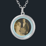 Photo Memorial Charm for Wedding Bouquet in Blue Silver Plated Necklace<br><div class="desc">Wedding Memorial Bouquet Charms. Remember those who cannot be with you on your special day with a memorial bridal charm. A lovely sentimental keepsake for the bride to carry in her bouquet. This charm has a black background with the phrase, "Forever in my Heart" and a place below for your...</div>