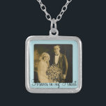 Photo Memorial Charm for Wedding Bouquet in Blue Silver Plated Necklace<br><div class="desc">Wedding Memorial Bouquet Charms. Remember those who cannot be with you on your special day with a memorial bridal charm. A lovely sentimental keepsake for the bride to carry in her bouquet. This charm has a black background with the phrase, "Forever in my Heart" and a place below for your...</div>