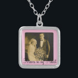 Photo Memorial Charm for Wedding Bouquet in Pink Silver Plated Necklace<br><div class="desc">Wedding Memorial Bouquet Charms. Remember those who cannot be with you on your special day with a memorial bridal charm. A lovely sentimental keepsake for the bride to carry in her bouquet. This charm has a black background with the phrase, "Forever in my Heart" and a place below for your...</div>