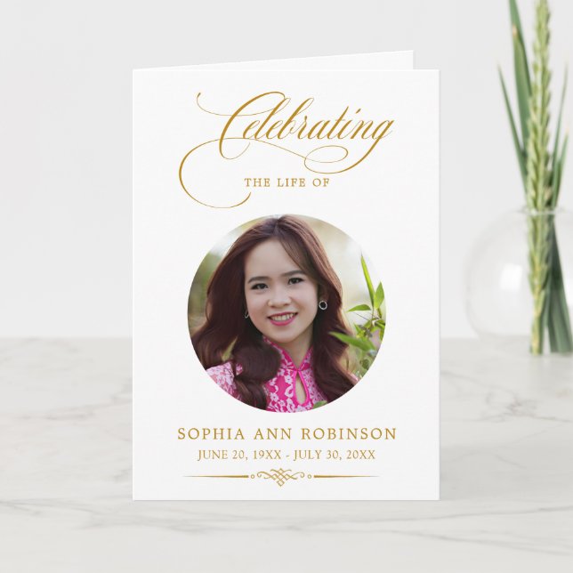Photo Memorial Elegant Gold Script Funeral Program Card (Front)