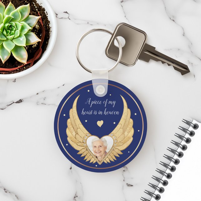 Photo Memorial Golden Angel Wings & Custom Message Key Ring (Photo Memorial Golden Angel Wings & Custom Message Keychain)