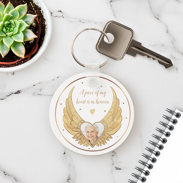 Photo Memorial Golden Angel Wings & Custom Message Key Ring (Photo Memorial Golden Angel Wings & Custom Message Keychain)