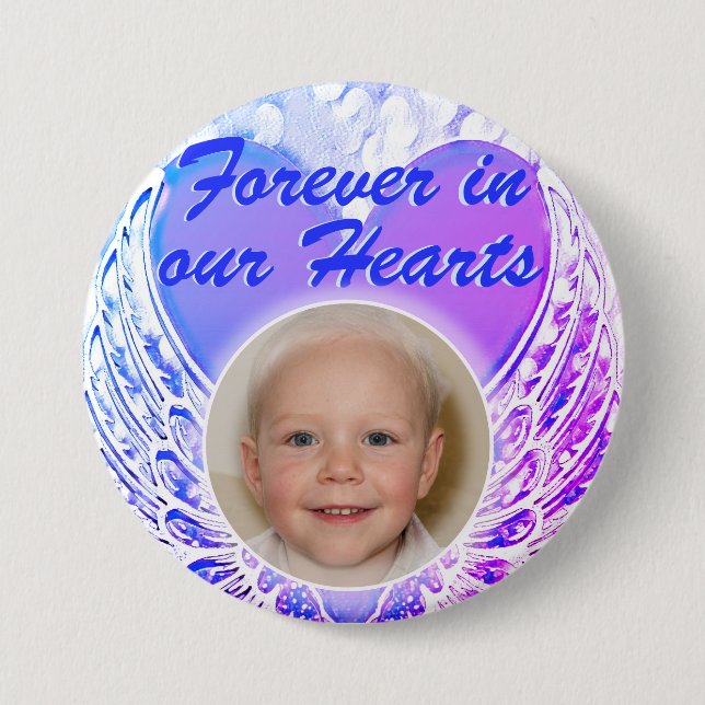 Photo Memorial Heart Angel Wings Button (Front)