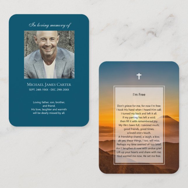 Photo memorial I'm Free prayer with cross card (Front/Back)