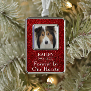 Photo Memorial Red Glitter Dog Silver Plated Framed Ornament
