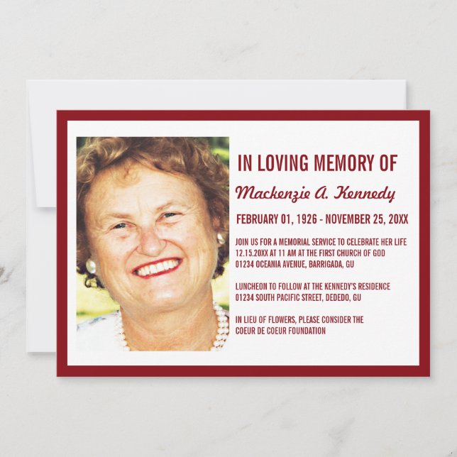Photo Memorial Service or Funeral Invitations (Front)