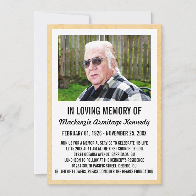 Photo Memorial Service or Funeral Invitations (Front)