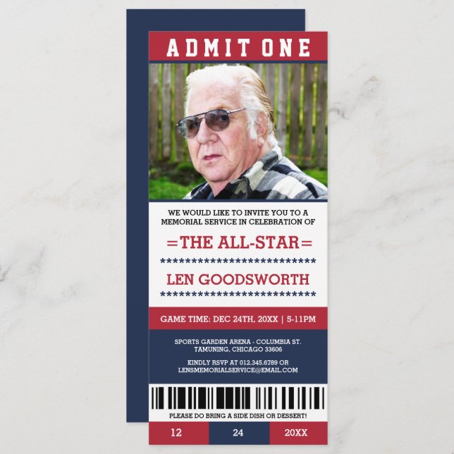 Photo Memorial Service Ticket Invitations (Front/Back)