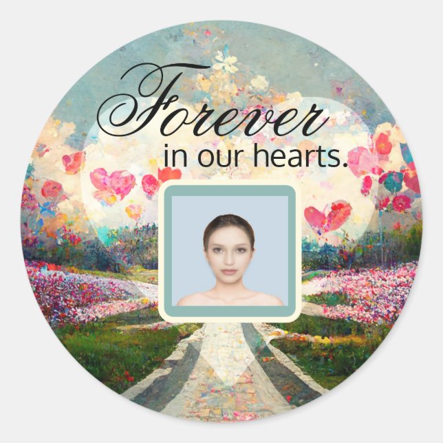 Photo Memorial with Heart and Flowers Heart Sticke Classic Round Sticker (Front)