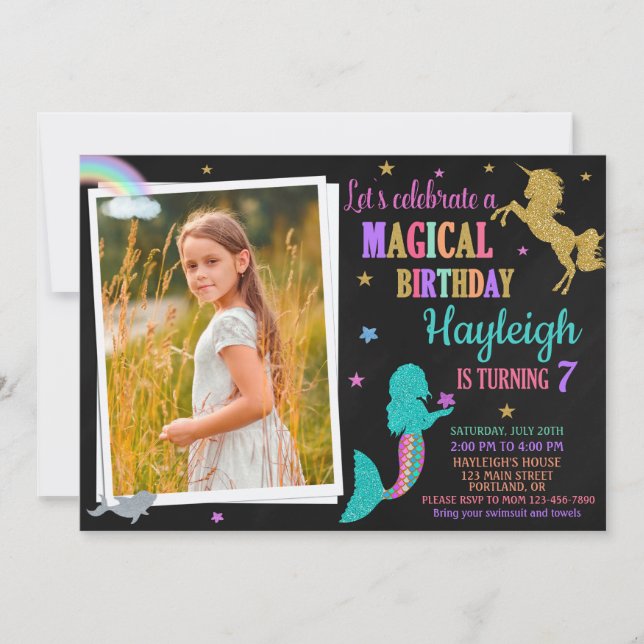 Photo Mermaid and Unicorn birthday invitation Girl (Front)