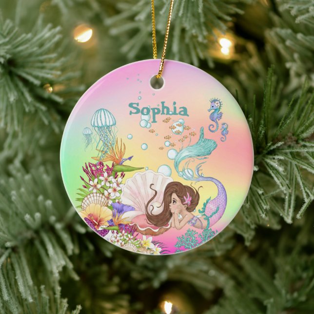 Photo Mermaid Dark Hair Pink Blue Cute Rainbow Ceramic Tree Decoration (Tree)