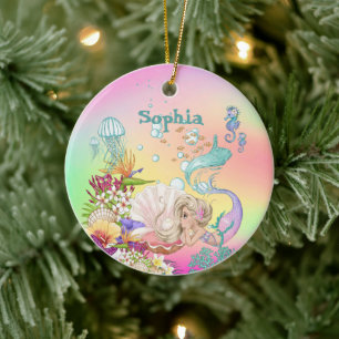 Photo Mermaid Pink Blue Cute Rainbow Ceramic Tree Decoration