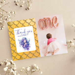 Photo Mermaid Under the Sea Gold Glitter Birthday Thank You Card