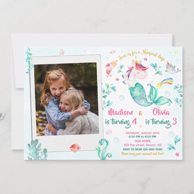 Photo mermicorn birthday invitation for two Girls (Front)