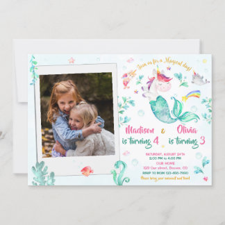 Photo mermicorn birthday invitation for two Girls