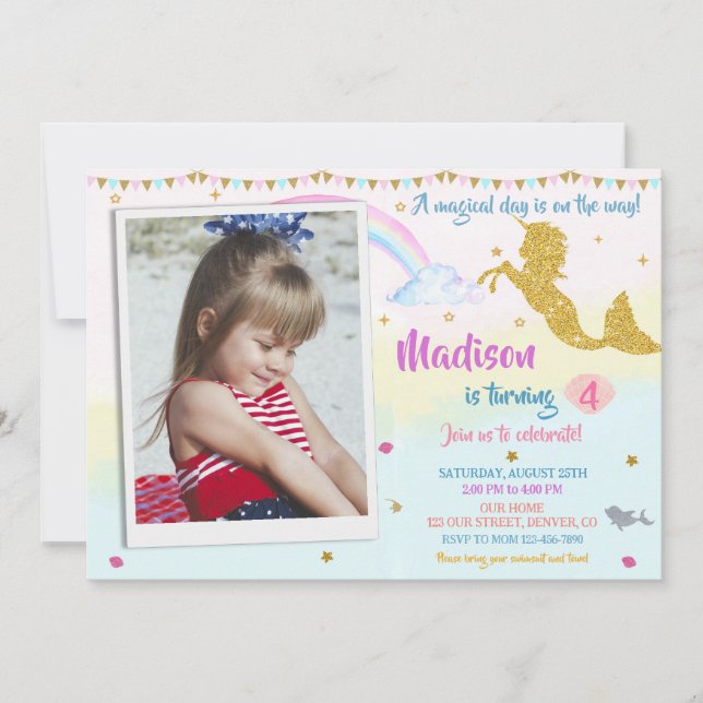 Photo mermicorn birthday invitation Magical party (Front)