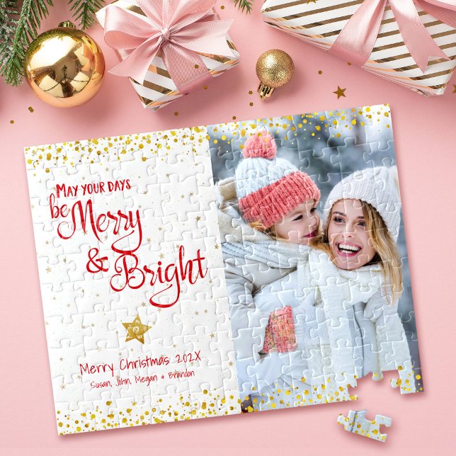 Photo Merry Bright Script Gold Glitter Red Holiday Jigsaw Puzzle (Creator Uploaded)