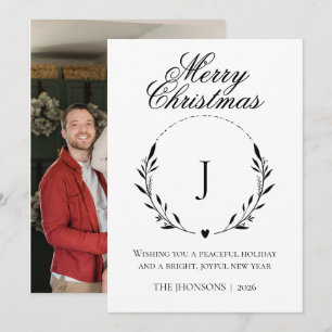 Photo Merry Christmas Black White Wreath Monogram Thank You Card