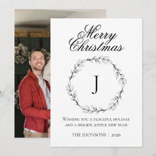 Photo Merry Christmas Black White Wreath Monogram Thank You Card