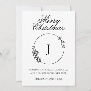 Photo Merry Christmas Black White Wreath Monogram  Thank You Card