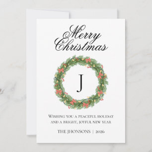 Photo Merry Christmas Burgundy Wreath Monogram Invitation