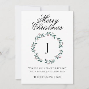 Photo Merry Christmas Burgundy Wreath Monogram Thank You Card